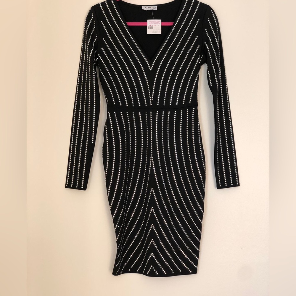 KIWI, Black Dress, long sleeve, silver studs, invisible zipper, Size Small. BNWT